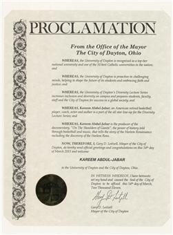 2011 The City of Dayton Office of the Mayor Proclamation Presented To Kareem Abdul-Jabbar (Abdul-Jabbar LOA)